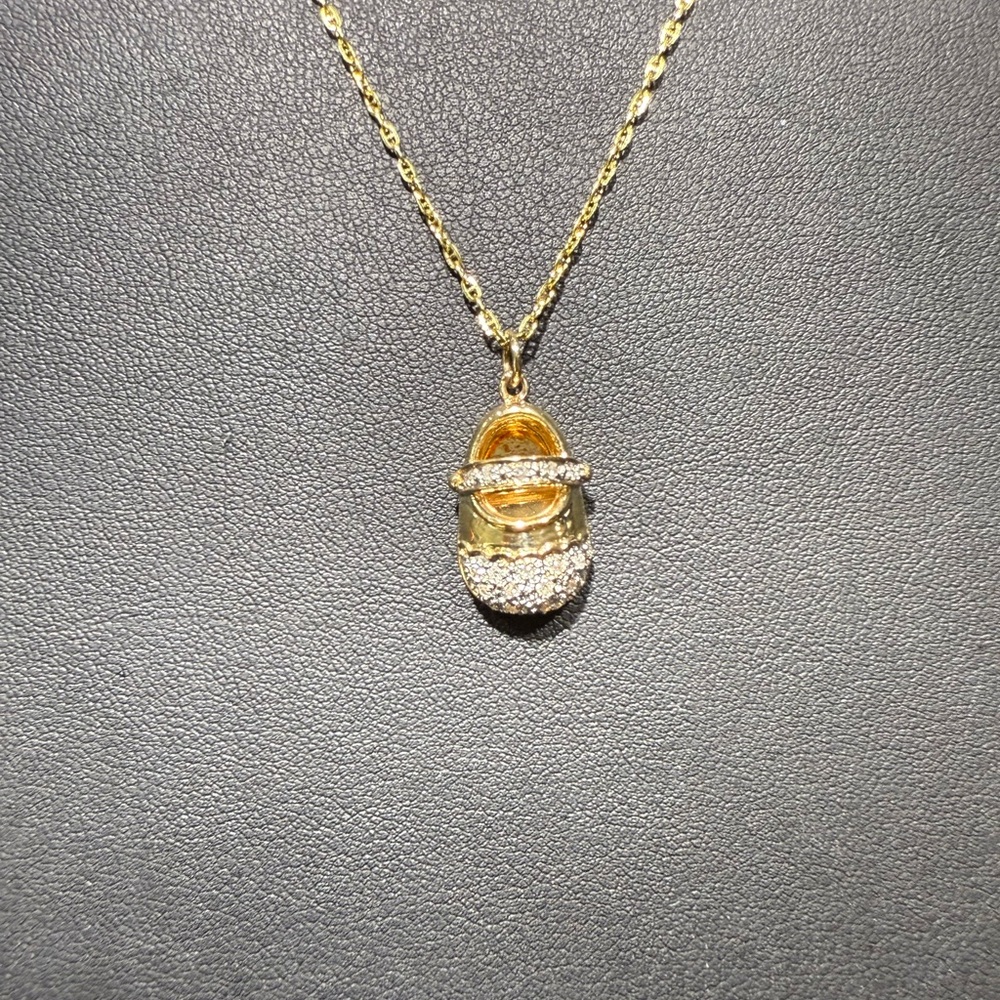 Heavy 14k yellow gold and diamond ballet slipper on delicate mariner chain